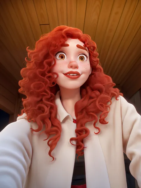 there is a red-haired woman with fair skin and freckles on her nose with curly hair and dark brown eyes and red lipstick wearing a white jacket