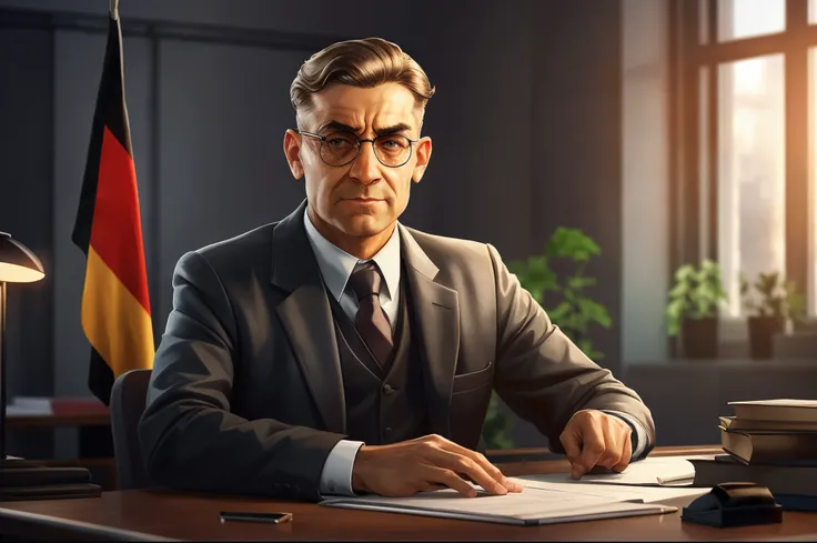 Create a picture of an annoyed german tax officer, wearing a simple suit, sitting at the desk, a german flag in the background and greedily taxing all citizens