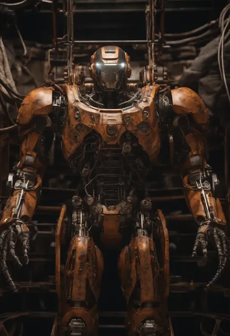 Envision an awe-inspiring scene featuring an extremely complex humanoid-model, meticulously highlighting every intricate detail, including gears, cables, and wire work throughout its body. Imagine this image in stunning 8K movie quality, capturing the esse...