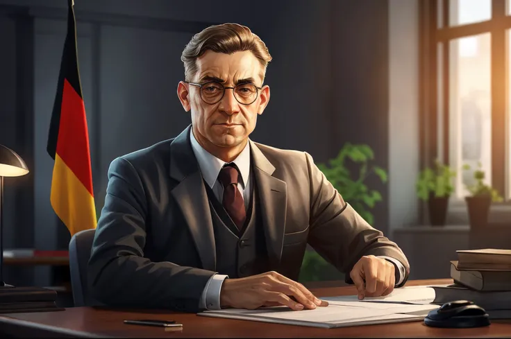 Create a picture of an annoyed german tax officer, wearing a simple suit, sitting at the desk, a german flag in the background and greedily taxing all citizens