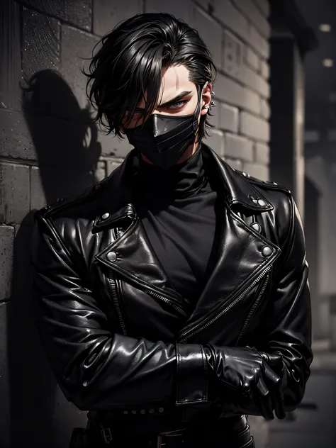 (1 male, man, a man 20-30 years old), gothic rock style, handsome, attractive, sexy, a fierce look, piercing gaze, cold eyes, black hair, (dressed in a black leather jacket with rolled up sleeves, black turtleneck, black leather pants, heavy boots, black l...