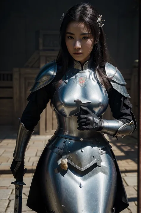 ((ultra-detailed)), [realism light effect], shadow, A female knight, armour, giant sword, noble, Shine with light, Chinese-style armor, background in war, Mulan, ((illustration)), ((masterpiece)), (((best quality)))