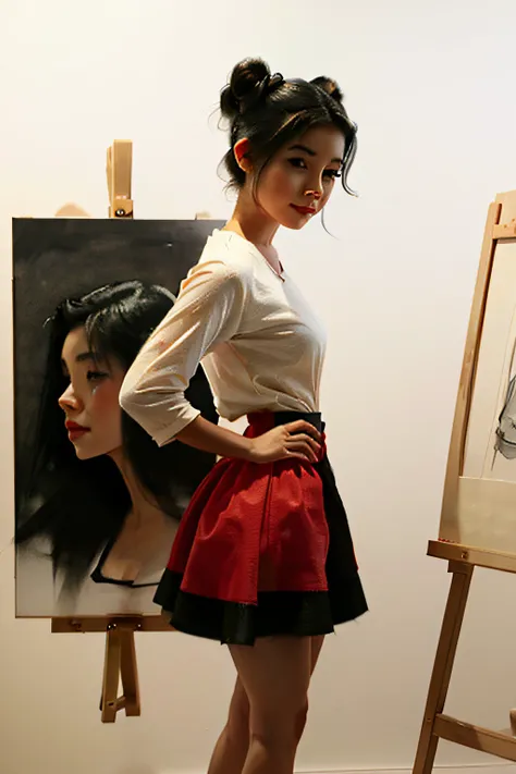 drawing of cute girl with black hair, with cute clothes, red clothes, a cute skirt, and hair with two buns. drawing,. painting, ...