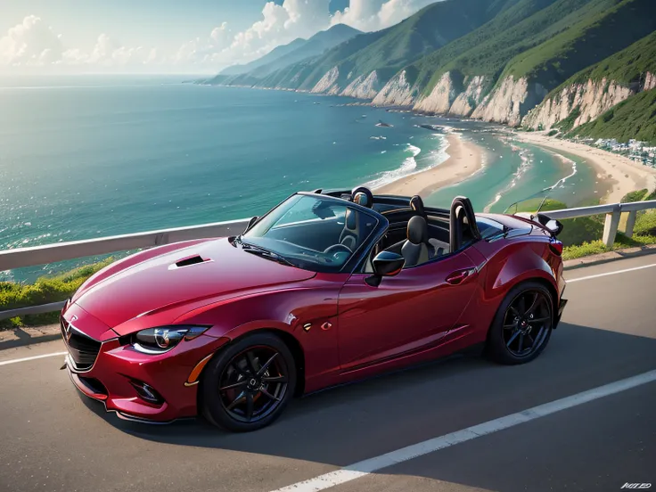 超A high resolution、An ultra-high picture quality、8K、Detailed details、marvelous expression、early summer coastline、Beautiful fresh greenery and lapping waves、A white car runs elegantly on a mountain pass road built along the coast..、((Mazda Roadster 1600ST )...