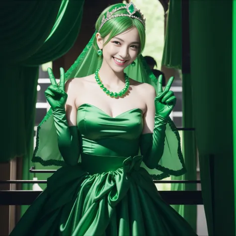 emerald tiara, Green Pearl Necklace, Boyish very short green hair, lipsticks, Japan woman smiling, very short short hair, big breasts beautiful, Green eyes, Long green gloves made of satin material, Green eyes, v sign,V-sign with both hands, Emerald Earrin...