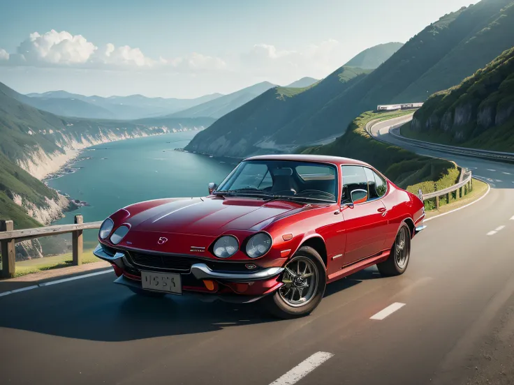 超A high resolution、An ultra-high picture quality、8K、Detailed details、marvelous expression、early summer coastline、Beautiful fresh greenery and lapping waves、A red car runs elegantly on a mountain pass road built along the coast...、((Mazda Cosmo Coupe GTX-7 ...