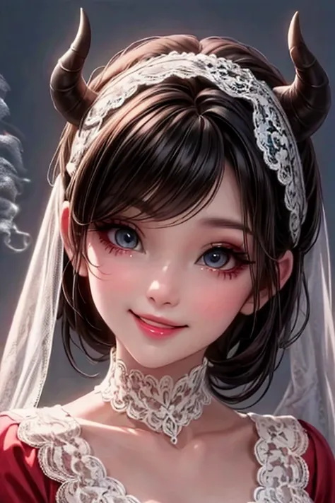 a close up of a demon girl smiling in a lace cloth outfit, black hair, red smokey eyes makeup, choke