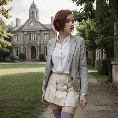 realistic photograph, beautiful woman, solo, french woman, pale skin, short red hair, grey eyes, white button up shirt with blazer, formal skirt, long socks, formal shoes, standing in front of historical college