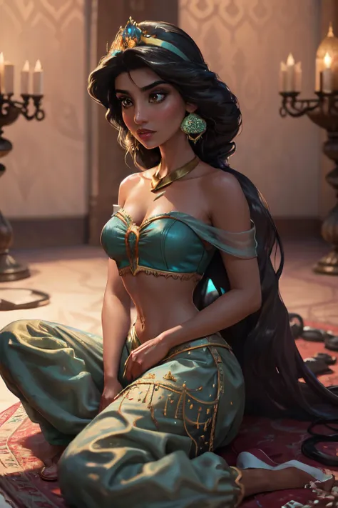 (Masterpiece, Best Quality, Highres:1.2), Detailed, Intricate Details, 4K, 1Girl, (Solo:1.2), jasmine, long hair, breasts, black hair, navel, cleavage, bare shoulders, brown eyes, jewelry, earrings, midriff, dark skin, necklace, off shoulder, blurry, dark-...