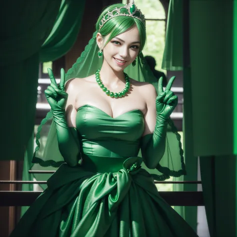 emerald tiara, Green Pearl Necklace, Boyish very short green hair, lipsticks, Japan woman smiling, very short short hair, big breasts beautiful, Green eyes, Long green gloves made of satin material, Green eyes, v sign,V-sign with both hands, Emerald Earrin...