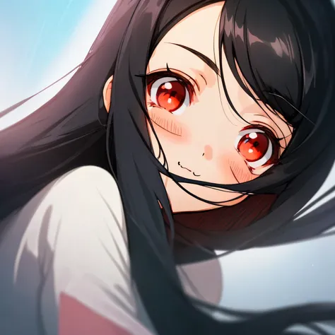 Cute red eyes girl with long black hair, extra cute, feminine, anime profile picture, face close up, looking into the camera