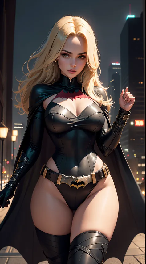 1girl, Full body, style of the Batwoman costume, medium breasts, Yellow Batman Logo on Chest and the belt, masterpiece, best quality, detailed skin texture, detailed cloth texture, beautiful detailed face, intricate details, ultra detailed, straight Blonde...