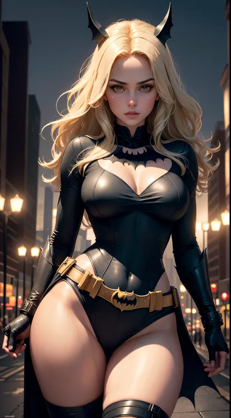 1girl, Full body, style of the Batwoman costume, medium breasts, Yellow Batman Logo on Chest and the belt, masterpiece, best quality, detailed skin texture, detailed cloth texture, beautiful detailed face, intricate details, ultra detailed, straight Blonde...