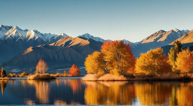 Remarkable landscape of colorful autumn Wanaka Tree reflection on Wanaka Lake with sunrise in the fresh morning, most popular photographed tree in Wanaka, autumn season in South New Zealand.