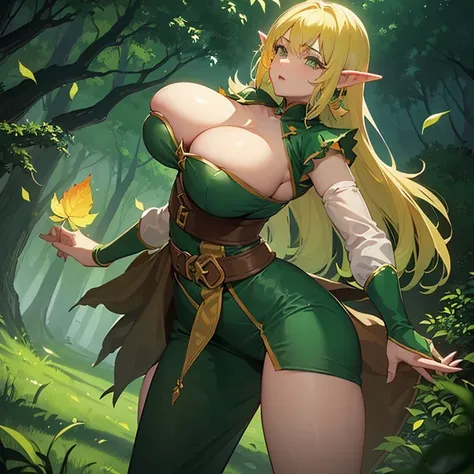 ((1 elf woman)),((torn green blouse))),((huge breasts, breasts with a leaf, pussy with a leaf)),((yellow hair)),((green eyes, hopeless face) ),((standing,In a haunted forest, at night)),((1 arm behind the back)),