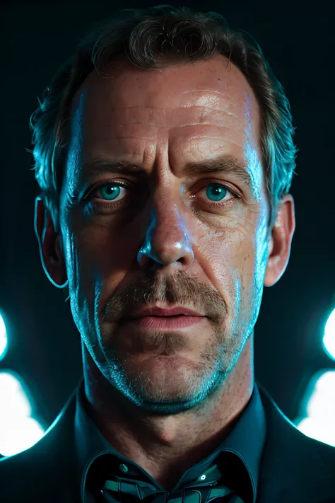 portrait of a award winning photo of hugh laurie posing in a dark studio, (rim lighting,:1.4) two tone lighting, sharp focus, teal hue, octane, unreal, dimly lit, low key,