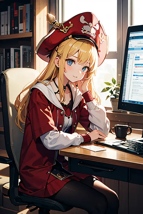 1girl, blond, red pirate hat, sitting in front of computer and printing something