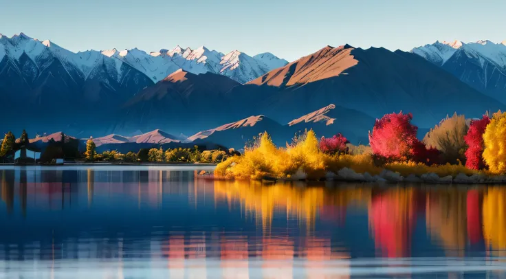 Remarkable landscape of colorful autumn Wanaka Tree reflection on Wanaka Lake with sunrise in the fresh morning, most popular photographed tree in Wanaka, autumn season in South New Zealand.