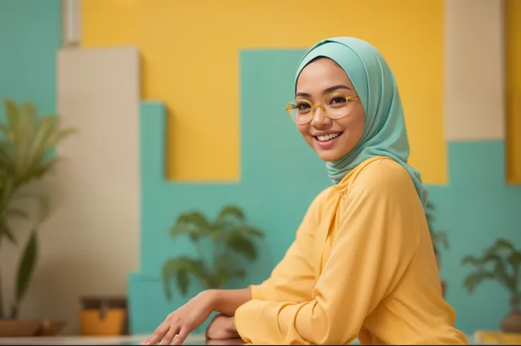 Sexy Malay woman in a light blue baju kurung in front of a yellow background, laughing, dimple, glasses, hijab, mira filzah, full portrait, on a yellow canva, full portrait shot, photo of young malay woman, photo of a woman, potrait, in yellow background, ...