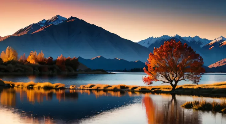 Remarkable landscape of colorful autumn Wanaka Tree reflection on Wanaka Lake with sunrise in the fresh morning, most popular photographed tree in Wanaka, autumn season in South New Zealand.