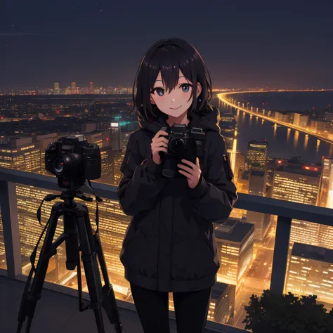 As night fell，urban skyline，Bright stars，Handheld camera film，Bust photo，With a smile，Eyes shining with expectations for the future，cameras、tripod、