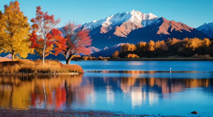 Remarkable landscape of colorful autumn Wanaka Tree reflection on Wanaka Lake with sunrise in the fresh morning, most popular photographed tree in Wanaka, autumn season in South New Zealand.