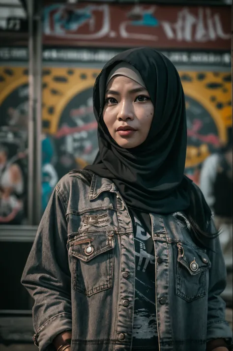 (masterpiece:1.2, best quality), (1 malay lady in hijab, solo, upper body:1.2), hijab, Clothing: oversized, distressed denim jacket with patches and pins, paired with black skinny jeans and combat boots, Accessories: silver hoop earrings and a black choker...