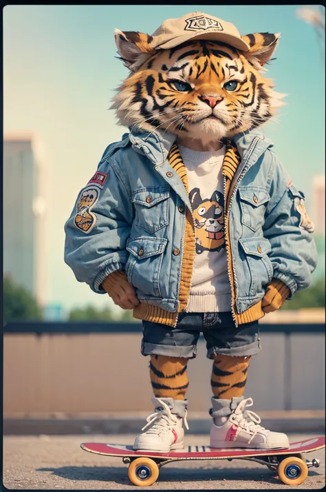 Cartoon tiger with jacket and skateboard, style raw, pastel color grading, Super 8mm lense, Extreme close-up, Deep Focus cinematography effect, high quality, ultra detail, 8k