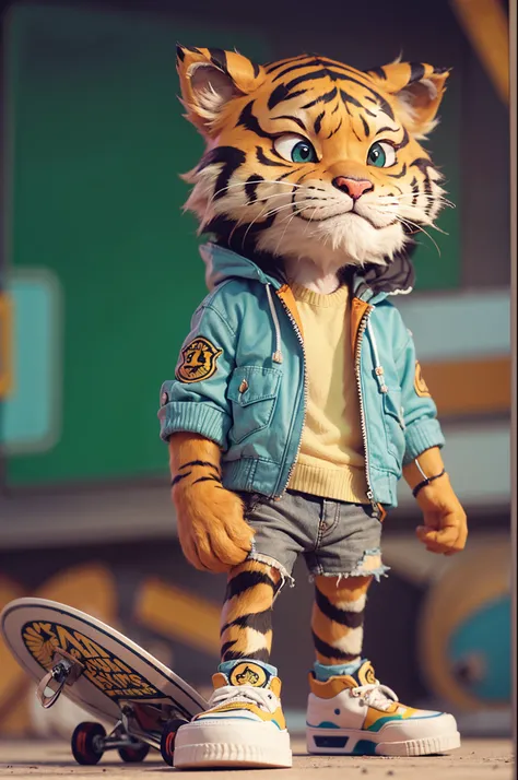 Cartoon tiger with jacket and skateboard, style raw, pastel color grading, Super 8mm lense, Extreme close-up, Deep Focus cinematography effect, high quality, ultra detail, 8k