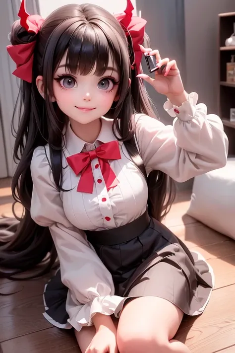 a (Demon girl) smiling sitting on the floor, looking herself in a handheld mirror, black hair, big hair bow, red smokey eyes makeup, black skirt, white collared crop shirt, puffy sleeves, attractive pose, cute elegant pose, dynamic low angle shot