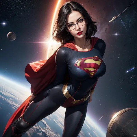 A hyper realistic, detailed mature woman 25 years old, black Hair, Cheveux Longs Ondulé , red lips, glasses,Supergirl Suit, In Space , beautiful breasts, slim waist, hourglass figuure,  black tights , handsome, absolutely stunning, looking seductively at t...