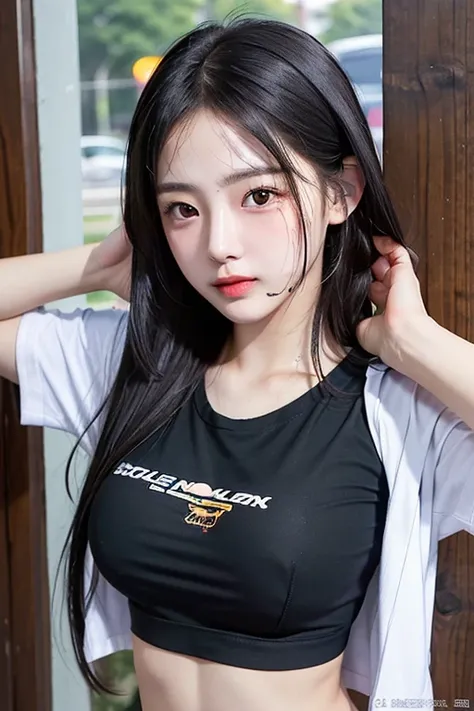 (1girl in)、Colossal tits、breastsout、sun burn、Expose muscles、Sweat muscles、Wavy black hair、Nylon T-shirt、Punk Girl、A dark-haired、cleanness