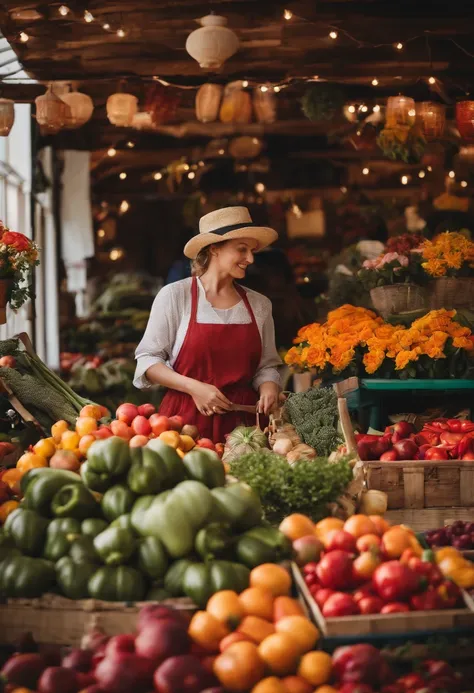 A photo of a colorful farmers market with fresh produce and vibrant flowers,original,Wearing beautiful clothes and having a nice body