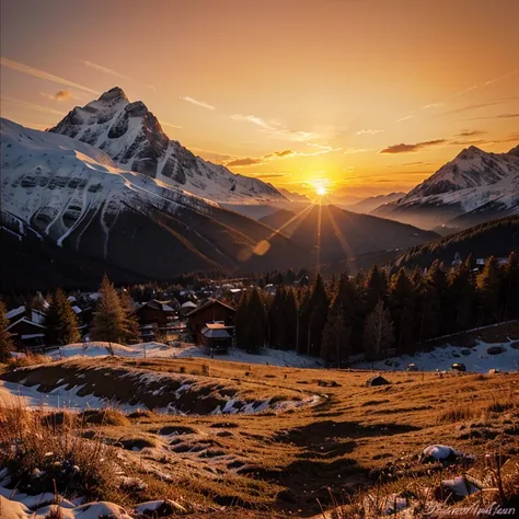 a realistic sunset with the sun setting between the mountains