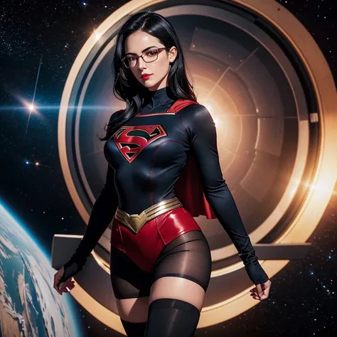 A hyper realistic, detailed mature woman 25 years old, black Hair, Cheveux Longs Ondulé , red lips, glasses,Supergirl Suit (skirt and tights)   In Space , beautiful breasts, slim waist, hourglass figuure, black tights , handsome, absolutely stunning, looki...