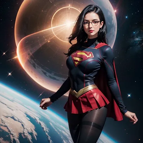 A hyper realistic, detailed mature woman 25 years old, black Hair, Cheveux Longs Ondulé , red lips, glasses,Supergirl Suit (skirt and tights)   In Space , beautiful breasts, slim waist, hourglass figuure, black tights , handsome, absolutely stunning, looki...