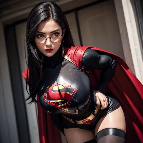 A hyper realistic, detailed mature woman 25 years old, black Hair, Cheveux Longs Ondulé , red lips, glasses,Supergirl Suit (skirt and tights), In battlefield,  beautiful breasts, slim waist, hourglass figuure, black tights , handsome, absolutely stunning, ...