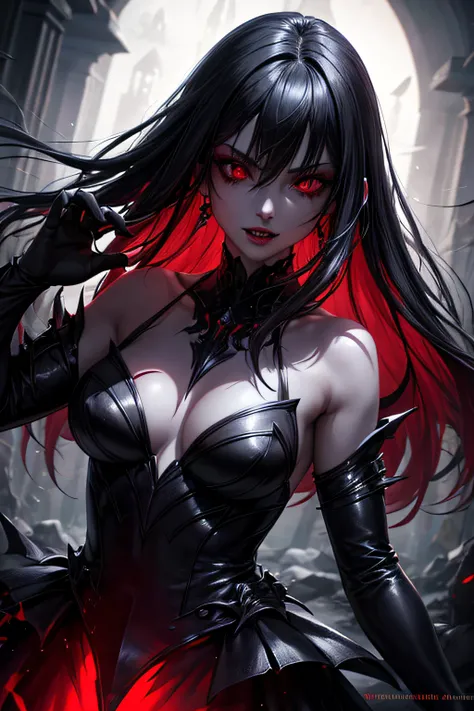 girl, dark vampire, evil look, vampire dress, red eyes, fangs, sexi, small breasts, dark aura, battle stance, highly detailed, vibrant appearance, creative behavior, imaginative, sensual, spontaneous, highest quality, skin texture, intricate details, (cine...