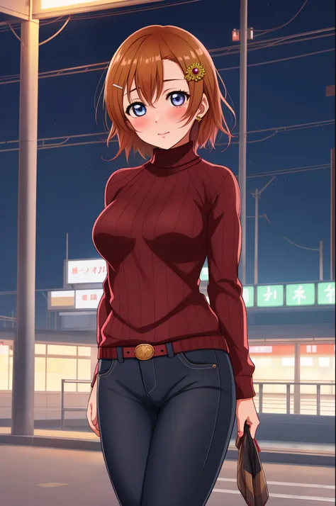 Kousaka honoka, night, train station, tight pants,sweater ,arms behind back, short hair, hair ornament, crotch lines, standing , yearning, Blushing, cowboy shot,(breasts lines)