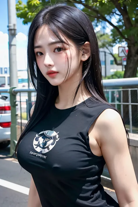 (1girl in)、Colossal tits、breastsout、sun burn、Expose muscles、Sweat muscles、Wavy black hair、Nylon T-shirt、Punk Girl、A dark-haired、cleanness