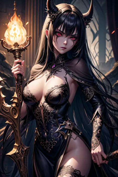 girl, dark necromancer, evil look, necromancer dress, wielding a staff, using dark magic, sexi, small breasts, facepaint, bodypaint, dark aura, menacing, psychotic, highly detailed, vibrant appearance, creative behavior, imaginative, sensual, spontaneous, ...