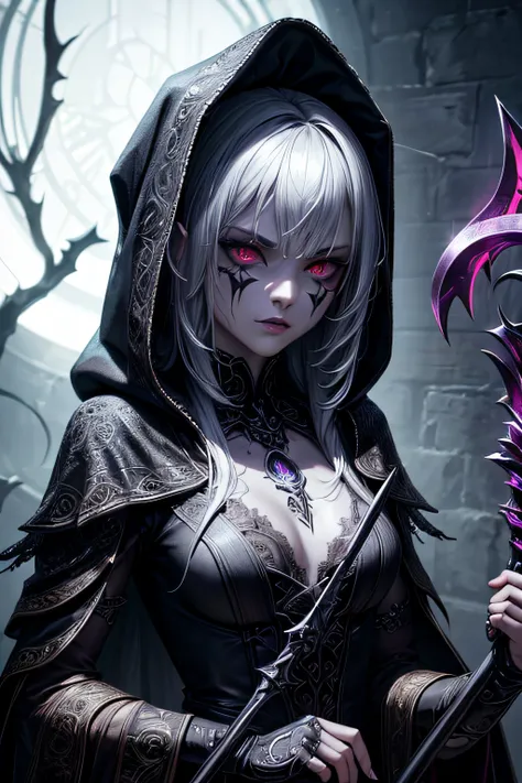 girl, dark necromancer, evil look, necromancer dress with hood, wielding a staff, using dark magic, sexi, small breasts, facepaint, bodypaint, dark aura, menacing, psychotic, highly detailed, vibrant appearance, creative behavior, imaginative, sensual, spo...