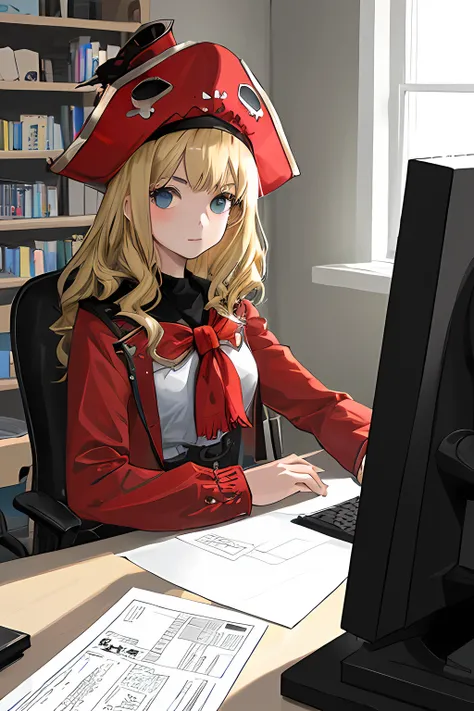 1girl, blond, red pirate hat, sitting in front of computer and printing something