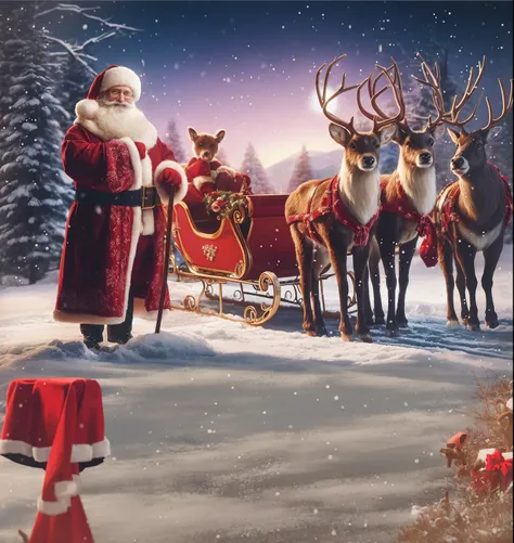 santa claus and his reindeers are standing in a snowy forest, best on adobe stock, high quality picture, santa claus, santa, 🕹️ 😎 🔫 🤖 🚬, incredibly realistic, santa clause, by Alexander Kucharsky, a hyper realistic, realistic depiction, looks realistic, an...