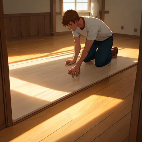 hot man,placing flooring in a house,wooden floor,tools,laminate flooring,handyman,precise measurements,detailed work,best quality,ultra-detailed,realistic,professional,studio lighting,vivid colors,warm tones,soft natural light, (1male)