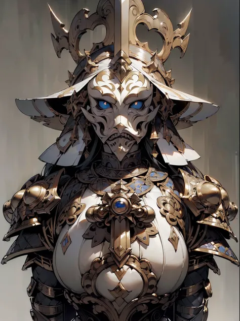 ((Best quality, 8K, tmasterpiece: 1.4)),((Stunningly detailed: 1.3)),((A high resolution: 1.2)),((The structure is correct1.1)),Huge body，Huge and thick armor，towering beast-shaped helmet，Wear a mask，Intricate ornate armor patterns，Armed with a huge sword，...