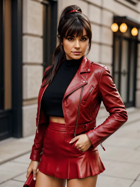 full body Realism, a 35 - year - old girl, dark hair, a ponytail on her head, bangs falling, face, beautiful hairstyle, light makeup, dressed in a red leather jacket, dressed in red leather mini skirt, high hels