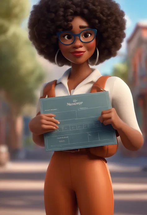 Pixar style image with 3D character white glasses black woman short curly hair holding a blank sign, Maquiagem Disney,Pescador, bonitinho, sorridente ,Close-up, Pixar, Disney, Cinema lighting,