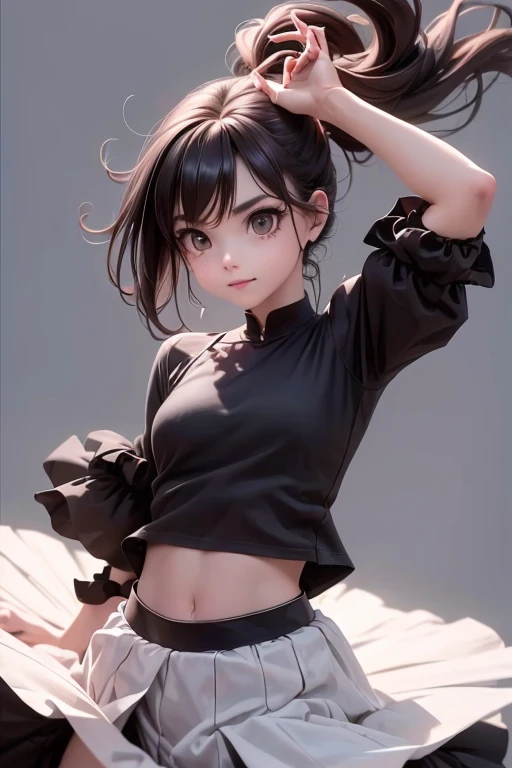 a (demon girl), wearing a skirt and crop shirt, black hair, hair accesories, jumping in the air, in a jumping float pose, jump pose, modern dance aesthetic, female demon dancer, leaping, contemporary dance, dramatic floating pose, contemporary dance poses,...