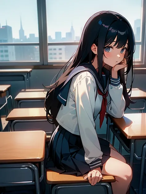 Best quality, (background is a school classroom), 1 girl, sitting on a school chair, looking out the window, (gazing at the view from the classroom window), (classroom scene: 1.3), black long-sleeved sailor uniform, black pleated skirt, black hair, long ha...